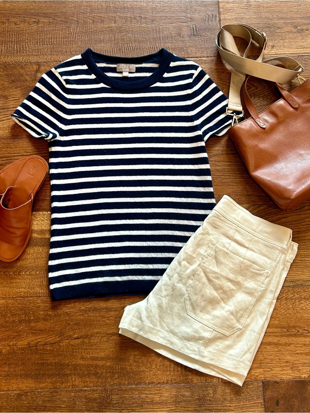 J. Crew Navy and White Striped Short Sleeve Cashmere Tee